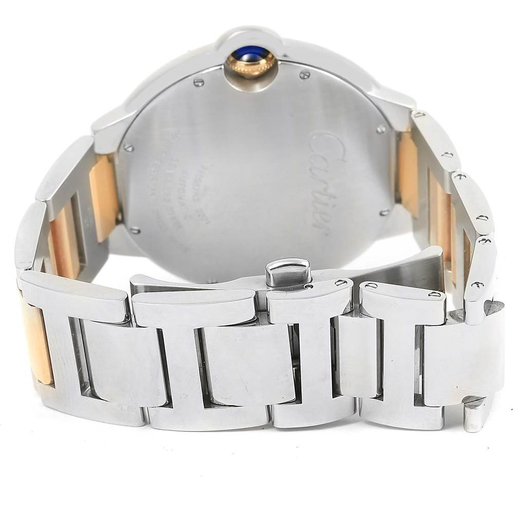 The image shows the back and clasp of a Cartier Ballon Bleu W69009Z3 Stainless Steel Silver Dial W69009Z3 Stainless Steel Silver Dial watch, highlighting its metallic bracelet and case back.