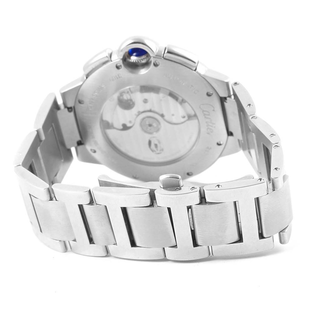 This image shows the back view of a Ballon Bleu de Cartier watch, highlighting its transparent case back and metal bracelet.