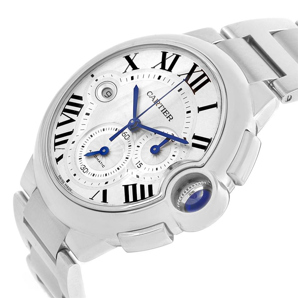 The image shows a close-up angle of a Ballon Bleu by Cartier watch, highlighting the dial, blue hands, Roman numerals, and crown.