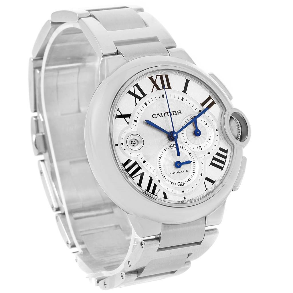 The Cartier Ballon Bleu W6920002 Stainless Steel Silver Dial W6920002 Stainless Steel Silver Dial watch is shown from a front angle, highlighting its face, Roman numeral markers, and stainless steel bracelet.