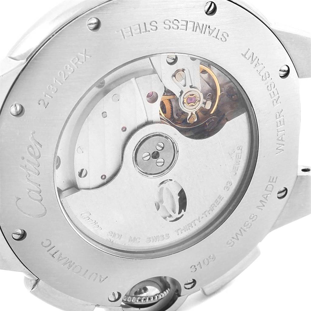 The image shows the back of the Cartier Ballon Bleu W6920002 Stainless Steel Silver Dial W6920002 Stainless Steel Silver Dial watch, displaying its stainless steel case and internal mechanics.