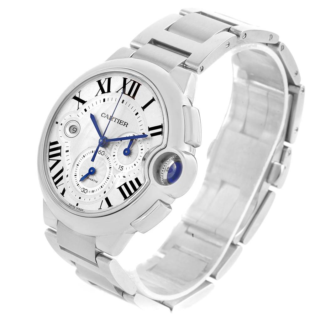 The image shows a side-front angled view of the Ballon Bleu de Cartier watch, highlighting its face, crown, and bracelet.