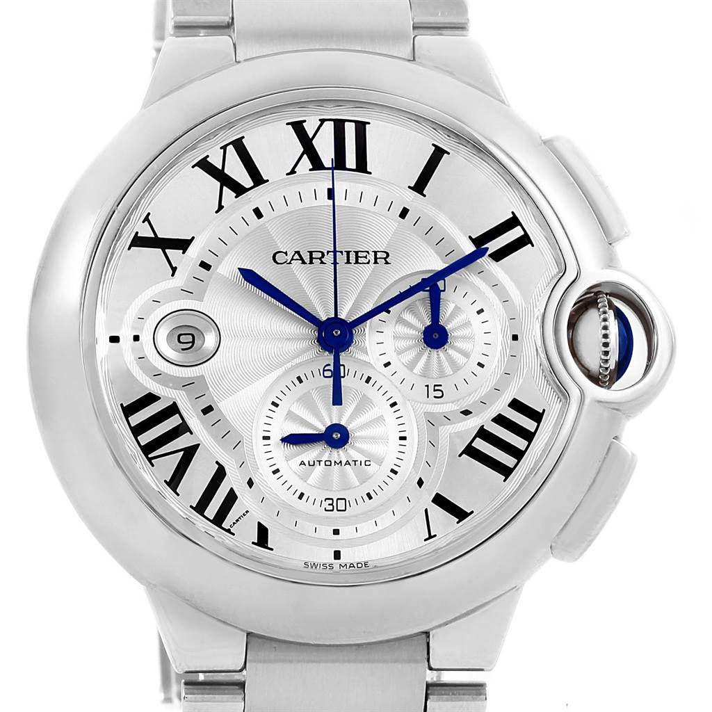 The image shows a close-up of the Cartier Ballon Bleu W6920002 Stainless Steel Silver Dial W6920002 Stainless Steel Silver Dial watch face with Roman numerals, blue hands, and three subdials.