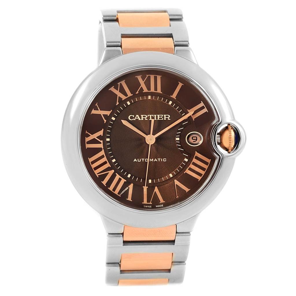 The image shows a front view of a Ballon Bleu model by Cartier, highlighting the dial, crown, and two-tone bracelet.