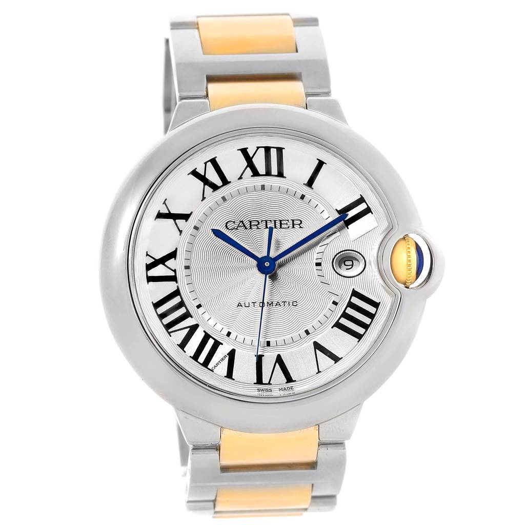 This image shows a front view of the Cartier Ballon Bleu W69009Z3 Men's Stainless Steel Silver Dial W69009Z3 Men's Stainless Steel Silver Dial watch, highlighting the face, Roman numerals, and dual-tone bracelet.