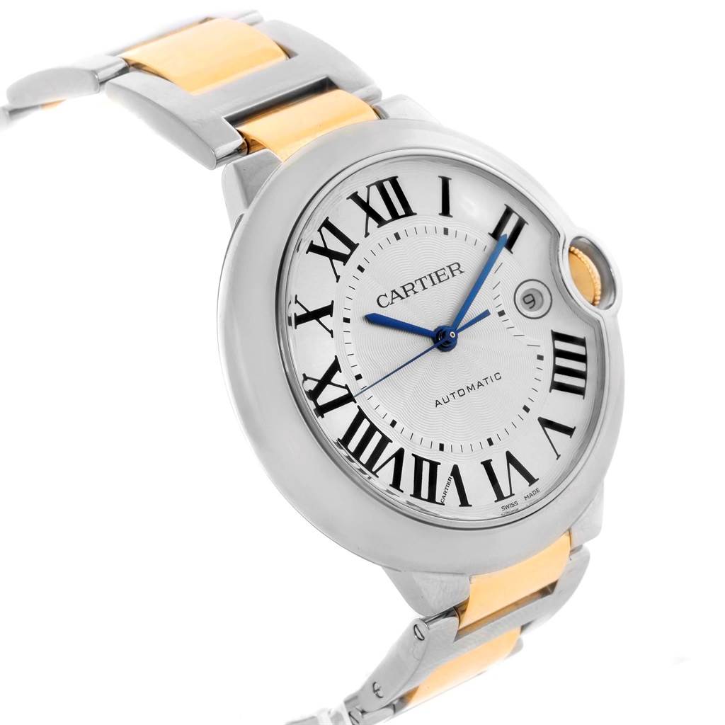 The image shows a side angle of the Cartier Ballon Bleu W69009Z3 Men's Stainless Steel Silver Dial W69009Z3 Men's Stainless Steel Silver Dial watch, highlighting its Roman numeral dial, blue hands, and two-tone bracelet.