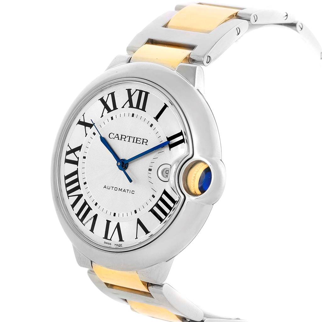 The Ballon Bleu de Cartier watch is shown at a three-quarter angle, displaying its face, bracelet, and crown.