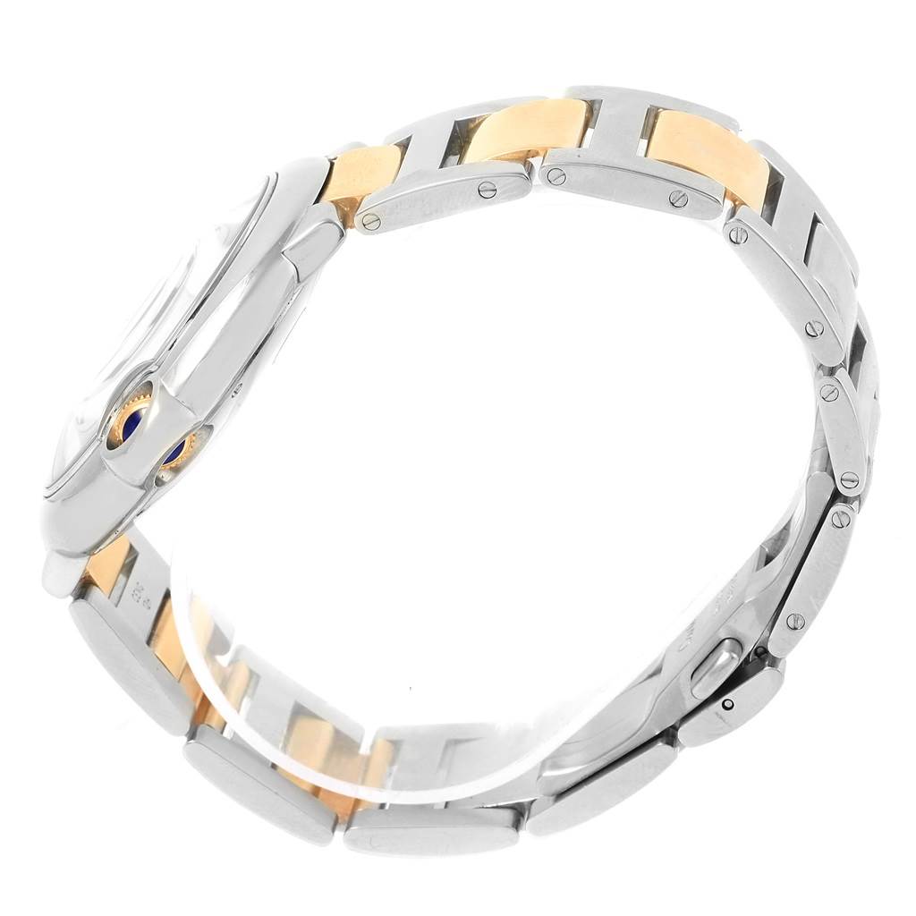 The image shows a side view of the Cartier Ballon Bleu W69009Z3 Men's Stainless Steel Silver Dial W69009Z3 Men's Stainless Steel Silver Dial watch, highlighting its two-tone metal bracelet and crown.