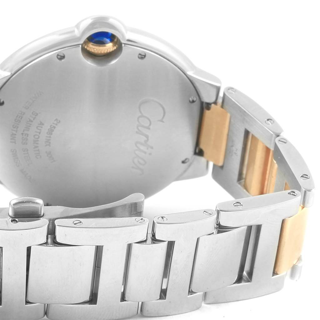 This image shows the back case and part of the bracelet of a Cartier Ballon Bleu W69009Z3 Men's Stainless Steel Silver Dial W69009Z3 Men's Stainless Steel Silver Dial watch from a close-up angle.