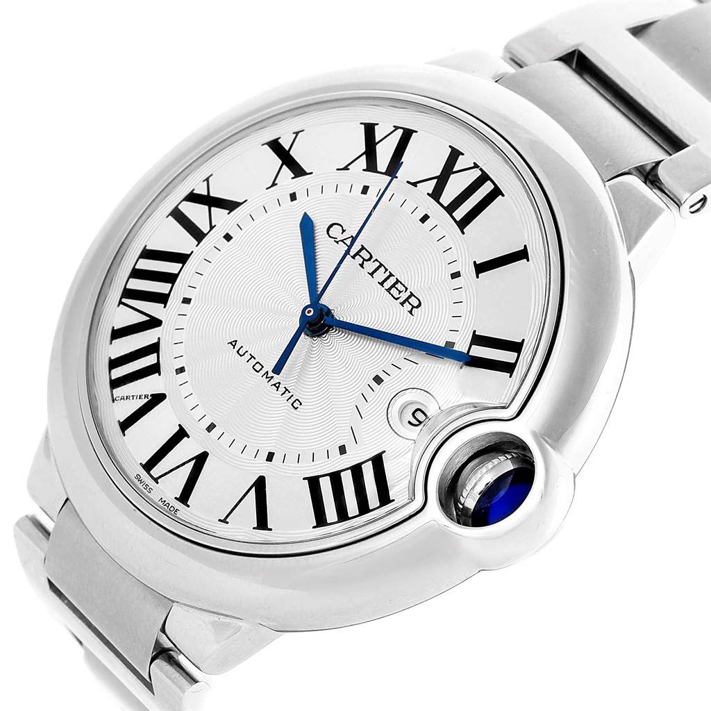 The image shows a close-up angle of the Cartier Ballon Bleu W69012Z4 Men's Stainless Steel Silver Dial W69012Z4 Men's Stainless Steel Silver Dial watch, highlighting its dial, hands, case, and partial bracelet.