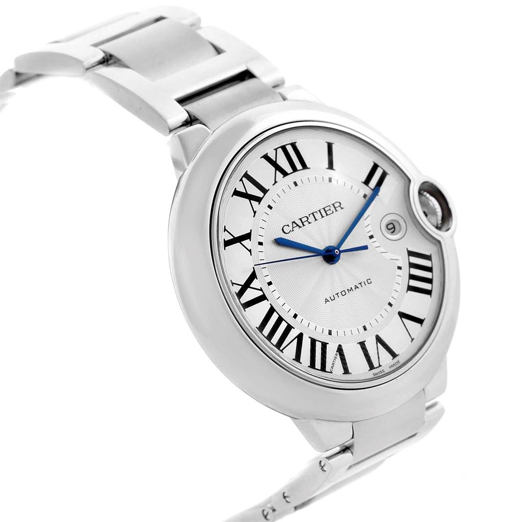 The image shows a close-up, angled view of a Cartier Ballon Bleu W69012Z4 Men's Stainless Steel Silver Dial W69012Z4 Men's Stainless Steel Silver Dial watch displaying the dial and part of the stainless steel bracelet.