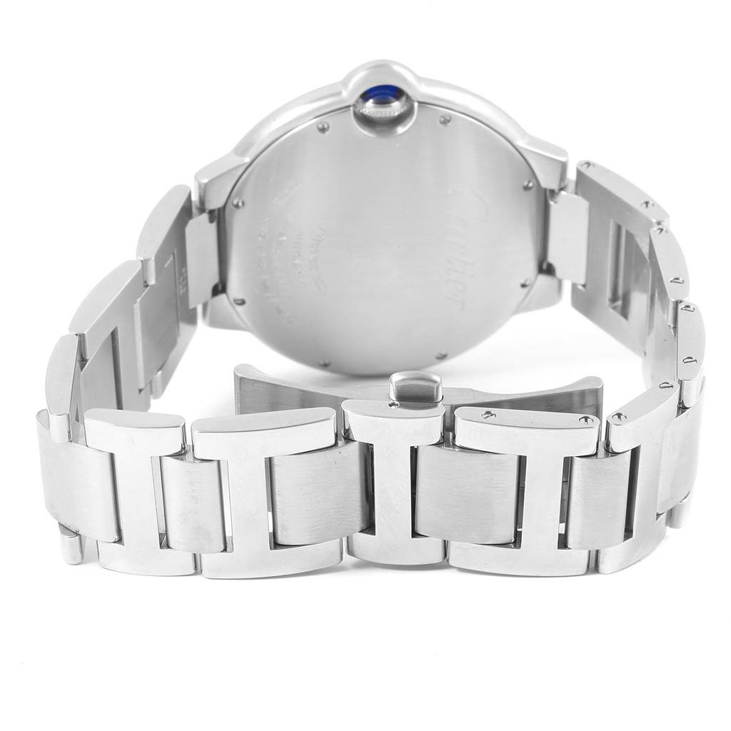 The image shows the back case and bracelet of a Ballon Bleu watch by Cartier.