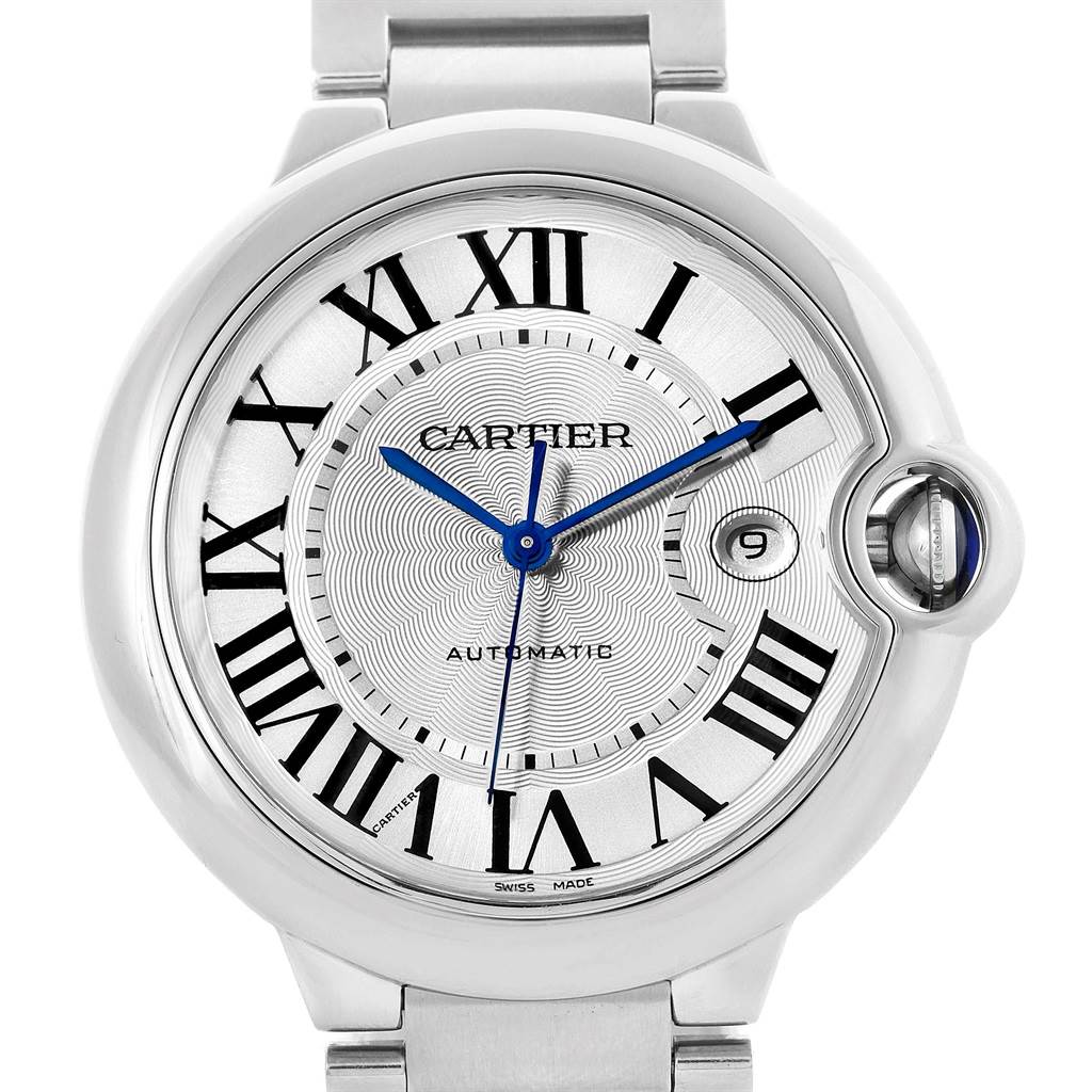 The image shows a Cartier Ballon Bleu W69012Z4 Men's Stainless Steel Silver Dial W69012Z4 Men's Stainless Steel Silver Dial watch from a front angle, highlighting the dial, Roman numerals, blue hands, and date window.
