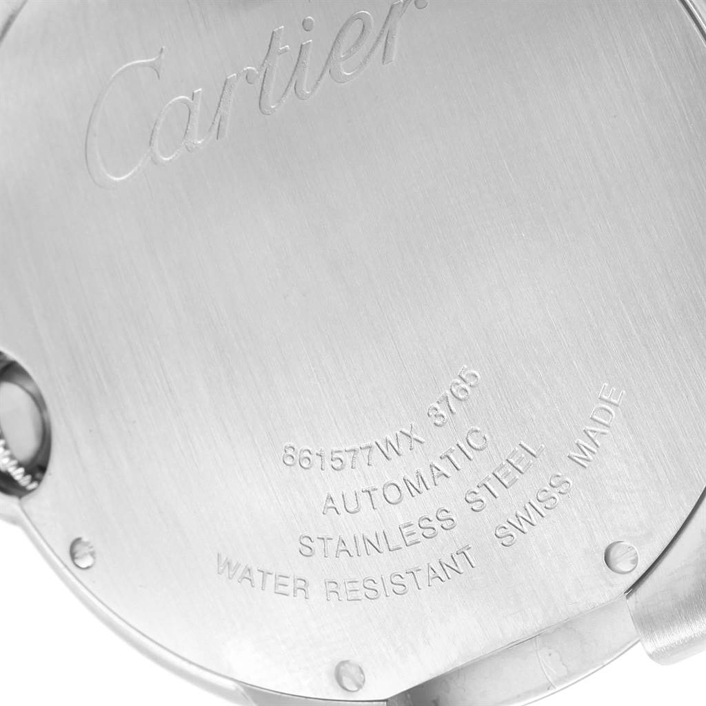 The image shows the back case of a Cartier Ballon Bleu W69016Z4 Men
s Stainless Steel Silver Dial W69016Z4 Men
s Stainless Steel Silver Dial watch, highlighting the engravings and identification details.