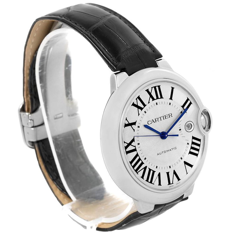 This image shows a Cartier Ballon Bleu watch at an angled side view, highlighting the face, strap, and buckle.