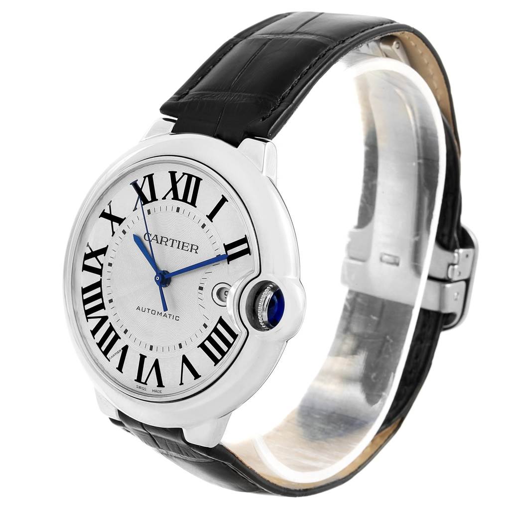 The Cartier Ballon Bleu W69016Z4 Men
s Stainless Steel Silver Dial W69016Z4 Men
s Stainless Steel Silver Dial watch is shown at a three-quarter angle highlighting the dial, bezel, crown, and leather strap.