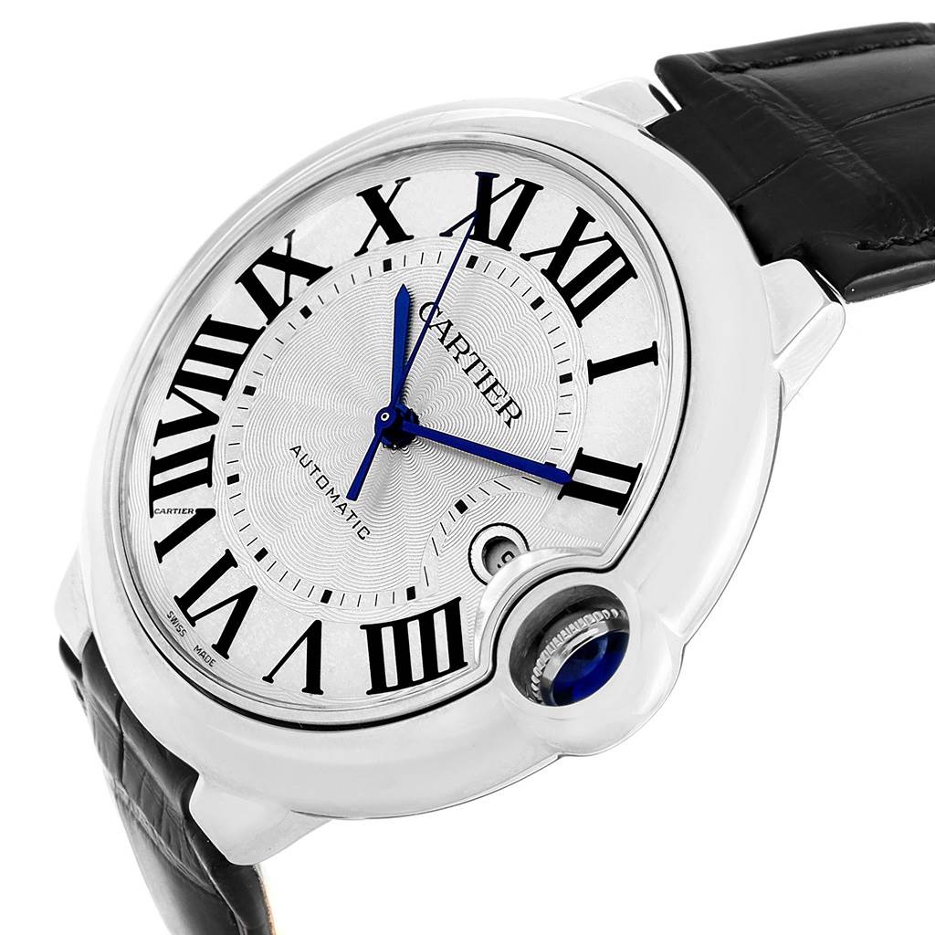 This image shows a close-up angle of the face and part of the strap of a Cartier Ballon Bleu W69016Z4 Men
s Stainless Steel Silver Dial W69016Z4 Men
s Stainless Steel Silver Dial watch.