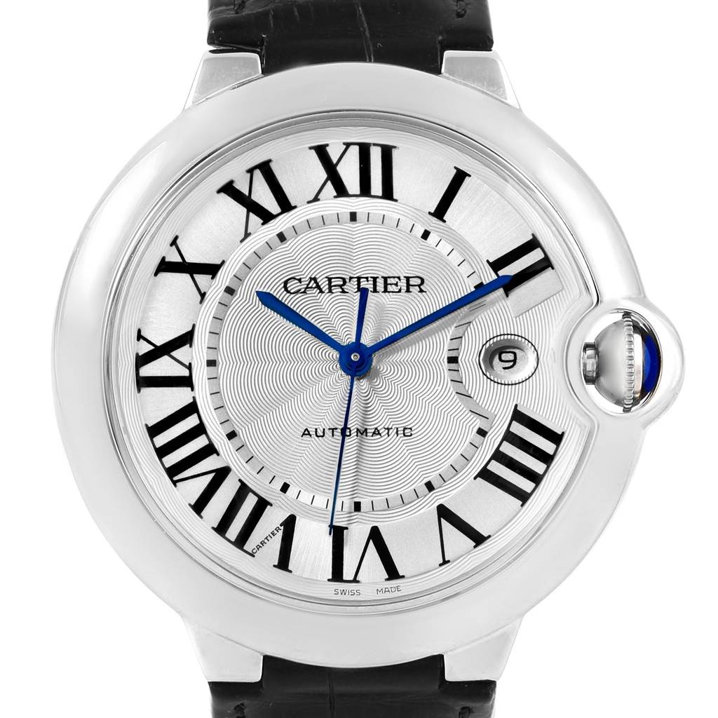 The image shows a front view of a Cartier Ballon Bleu W69016Z4 Men
s Stainless Steel Silver Dial W69016Z4 Men
s Stainless Steel Silver Dial watch, highlighting the dial, Roman numerals, and blue hands.