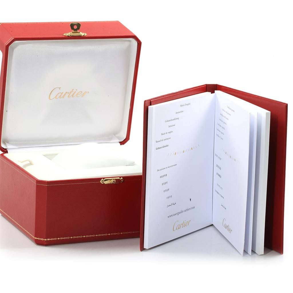 The image shows the open case and accompanying documentation for a Cartier Ballon Bleu W6920042 Men's Stainless Steel Black Dial W6920042 Men's Stainless Steel Black Dial watch.