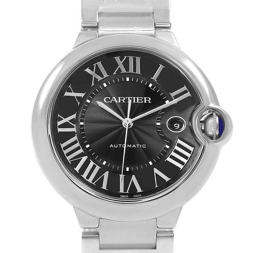 The image shows a front view of the Cartier Ballon Bleu W6920042 Men's Stainless Steel Black Dial W6920042 Men's Stainless Steel Black Dial watch, highlighting its black dial, Roman numerals, and metal bracelet.