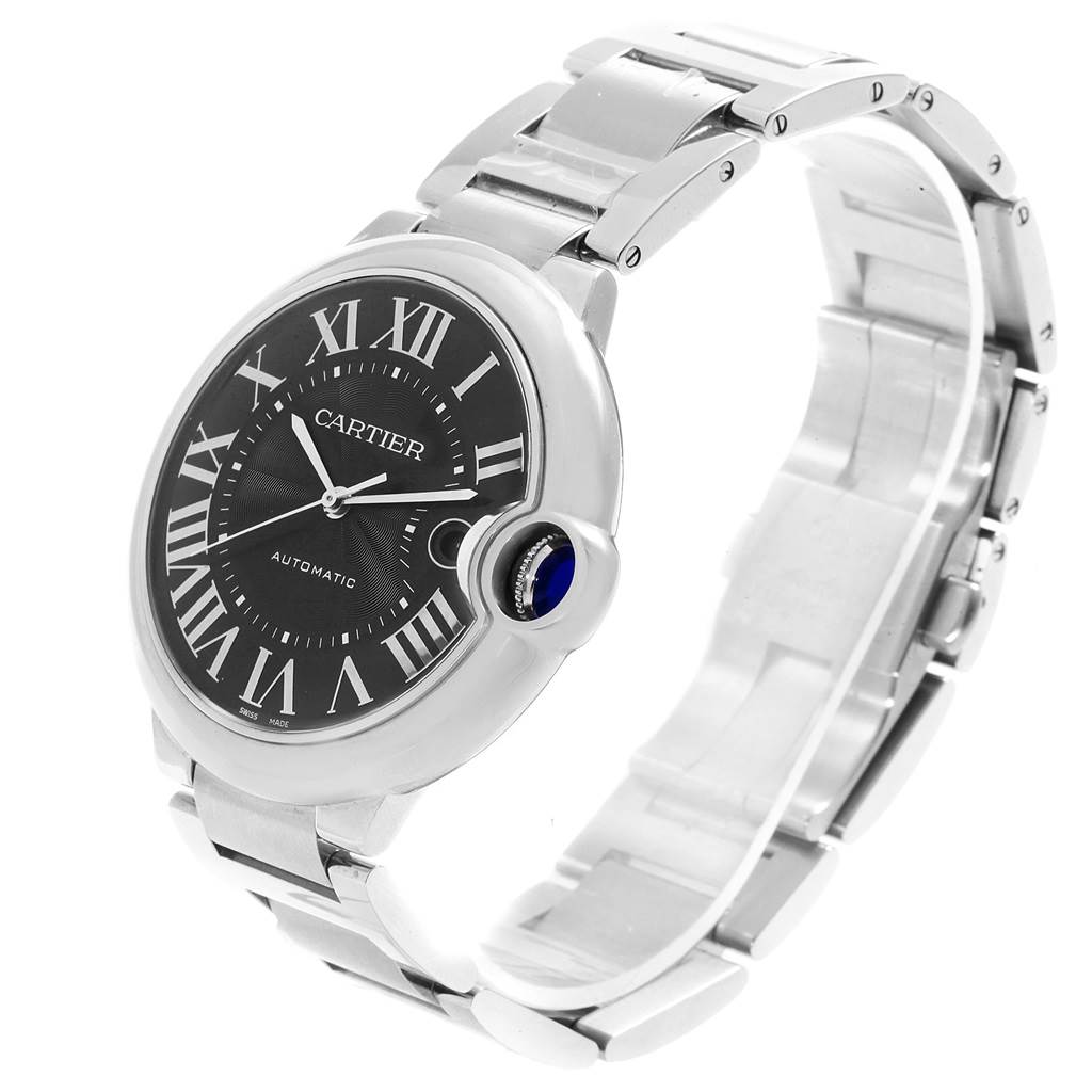 The image shows a Cartier Ballon Bleu W6920042 Men's Stainless Steel Black Dial W6920042 Men's Stainless Steel Black Dial watch at a slight angle showcasing its dial, crown, and bracelet.