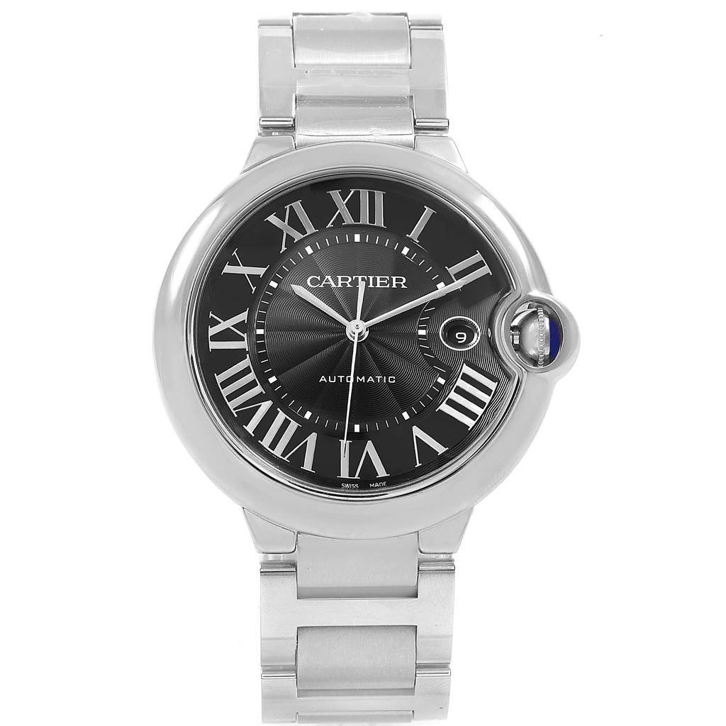 The image shows a front view of a Cartier Ballon Bleu W6920042 Men's Stainless Steel Black Dial W6920042 Men's Stainless Steel Black Dial watch displaying its face, bezel, and part of the metal bracelet.