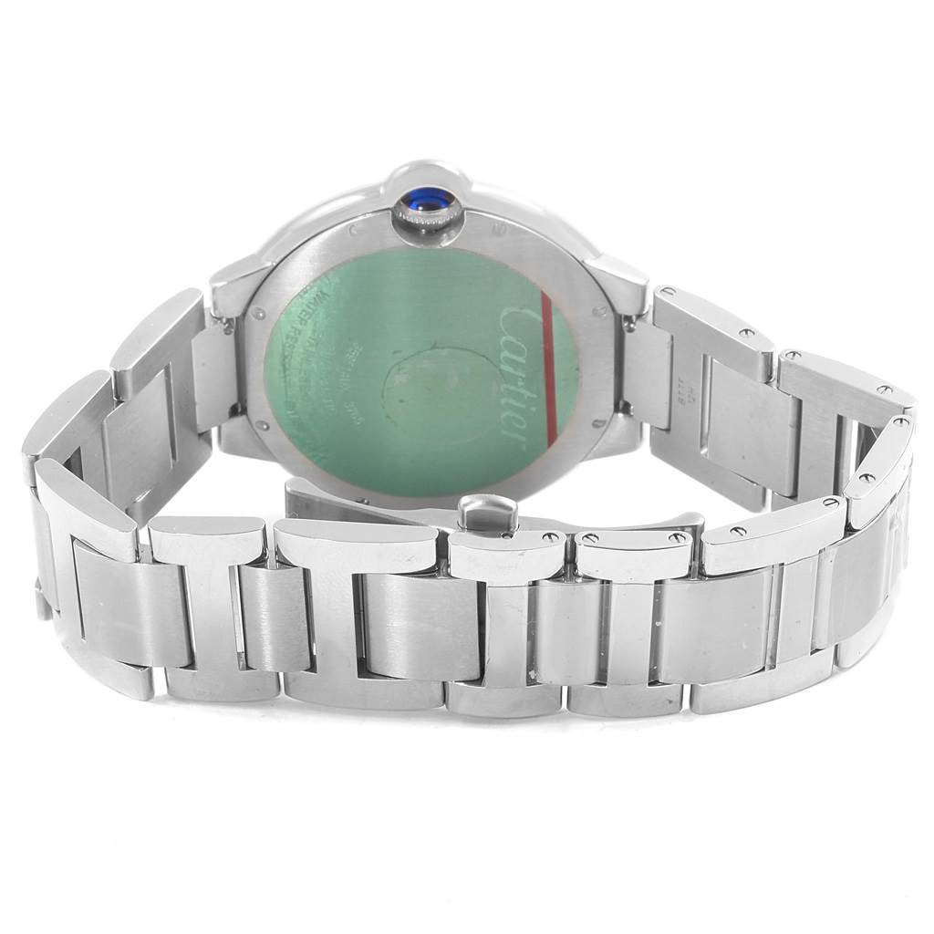 The image shows the back case and stainless steel bracelet of the Cartier Ballon Bleu W6920042 Men's Stainless Steel Black Dial W6920042 Men's Stainless Steel Black Dial watch.