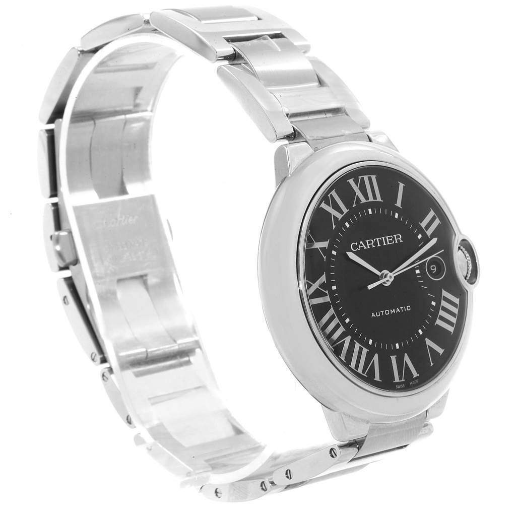 The image shows a Cartier Ballon Bleu W6920042 Men's Stainless Steel Black Dial W6920042 Men's Stainless Steel Black Dial watch at an angled view, highlighting its metallic band and black dial with Roman numerals.