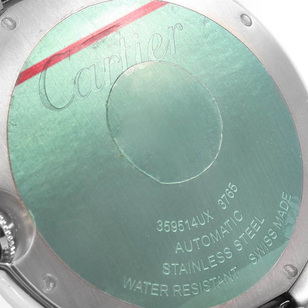 This image shows the back case with inscriptions of the Ballon Bleu model watch by Cartier.