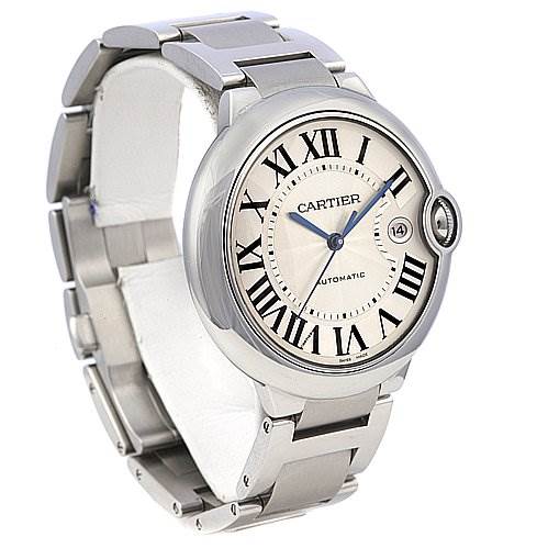 This image shows a side and front angle of a Cartier Ballon Bleu W69012Z4 Men's Stainless Steel Silver Dial W69012Z4 Men's Stainless Steel Silver Dial watch, highlighting its face, bracelet, and crown.