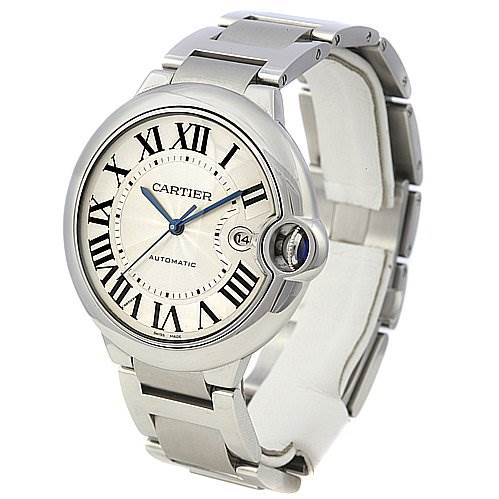 The image shows a Cartier Ballon Bleu W69012Z4 Men's Stainless Steel Silver Dial W69012Z4 Men's Stainless Steel Silver Dial watch from a front angle, highlighting the face, Roman numeral markers, and metal bracelet.