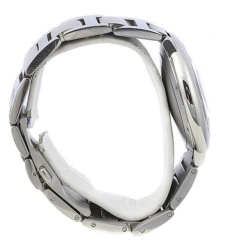 This image shows the side view of a Cartier Ballon Bleu W69012Z4 Men's Stainless Steel Silver Dial W69012Z4 Men's Stainless Steel Silver Dial watch, highlighting the metal bracelet and the case profile.