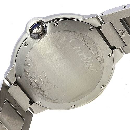 This image shows the back and a partial side view of a Cartier Ballon Bleu W69012Z4 Men's Stainless Steel Silver Dial W69012Z4 Men's Stainless Steel Silver Dial watch.