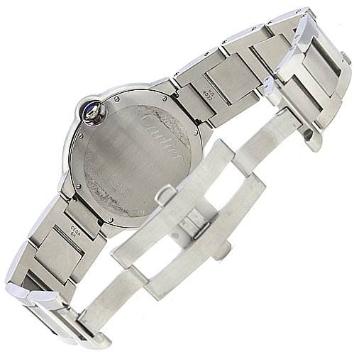 The image shows the back and bracelet of a Ballon Bleu model watch by Cartier, highlighting the clasp and case back.