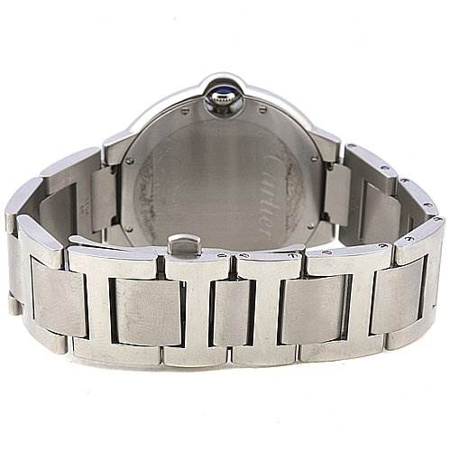The image shows the back of a Cartier Ballon Bleu W69012Z4 Men's Stainless Steel Silver Dial W69012Z4 Men's Stainless Steel Silver Dial watch, focusing on the case back and metal bracelet.