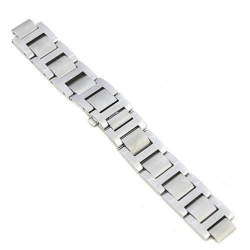 This image shows a stainless steel watch bracelet for the Ballon Bleu model by Cartier, viewed from a top angle.