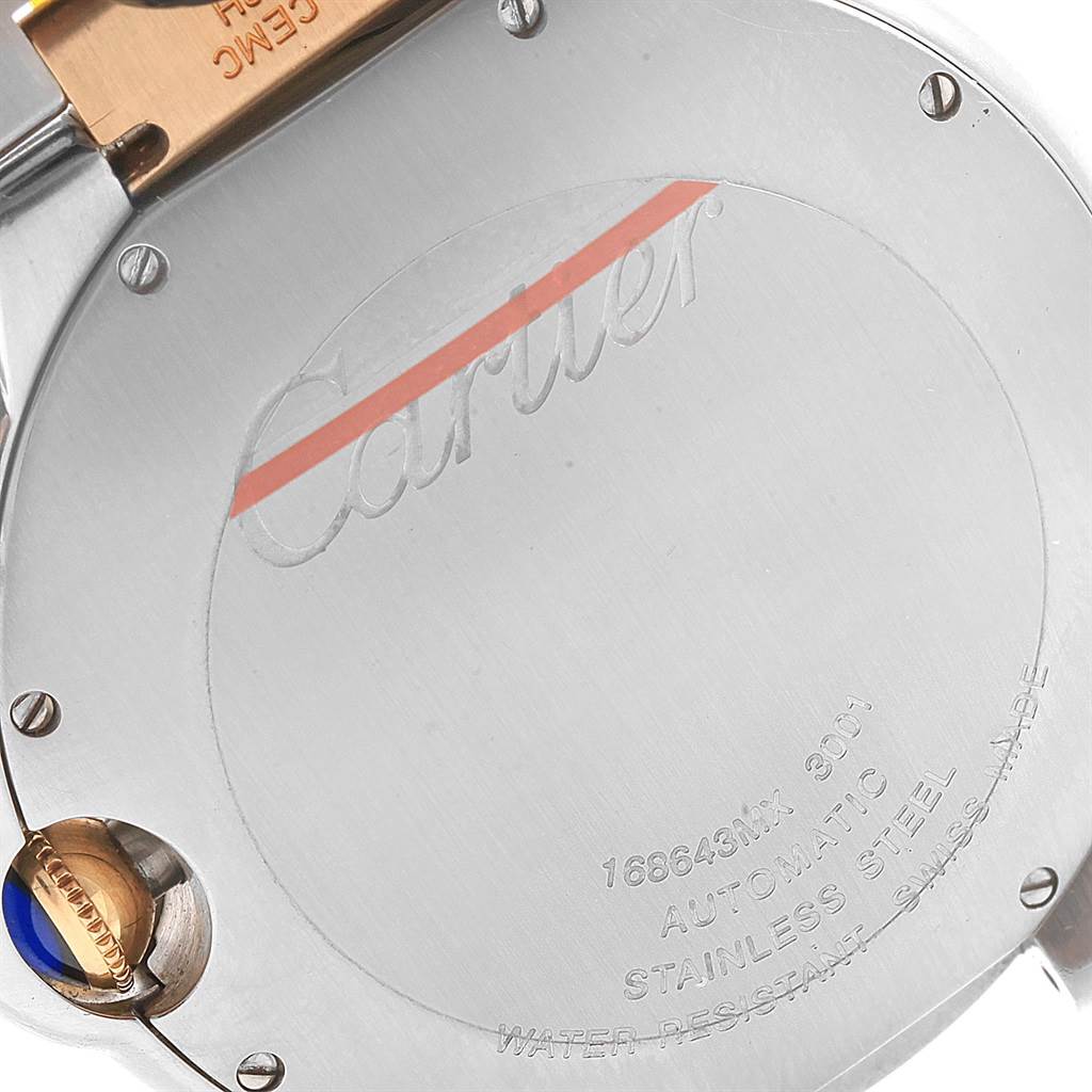 This image shows the back case of the Ballon Bleu model by Cartier, including the crown and part of the bracelet.