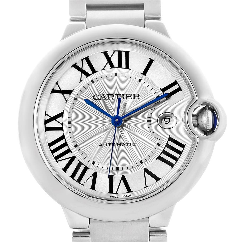 The image shows a front view of the Cartier Ballon Bleu W69012Z4 Men's Stainless Steel Silver Dial W69012Z4 Men's Stainless Steel Silver Dial watch, highlighting its dial, hands, and bracelet.