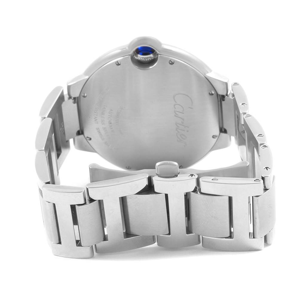 The image shows the back view of a Cartier Ballon Bleu W69012Z4 Men's Stainless Steel Silver Dial W69012Z4 Men's Stainless Steel Silver Dial watch, highlighting its case back, crown, and metal bracelet.