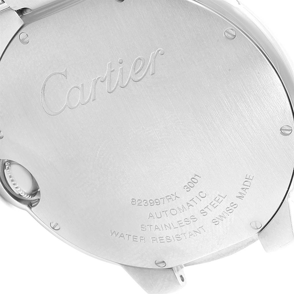 This image shows the back case of a Ballon Bleu by Cartier watch, highlighting the engraved brand name and specifications.