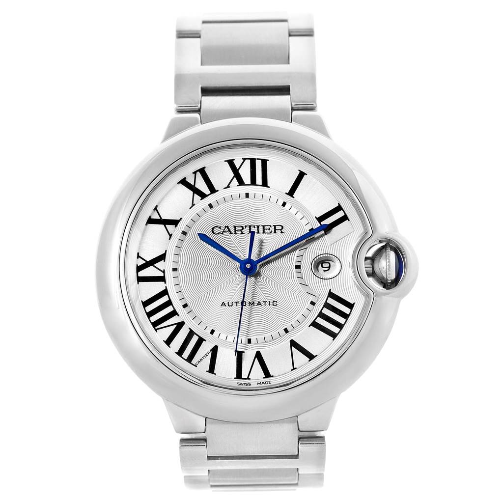 The Cartier Ballon Bleu W69012Z4 Men
s Stainless Steel Silver Dial W69012Z4 Men
s Stainless Steel Silver Dial watch is shown from a top-down angle displaying the face, crown, and bracelet.