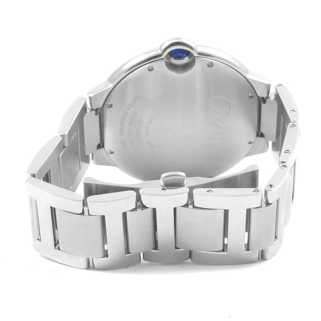 The image shows the back and bracelet of the Cartier Ballon Bleu W69012Z4 Men
s Stainless Steel Silver Dial W69012Z4 Men
s Stainless Steel Silver Dial watch at an angle that highlights the clasp and caseback.
