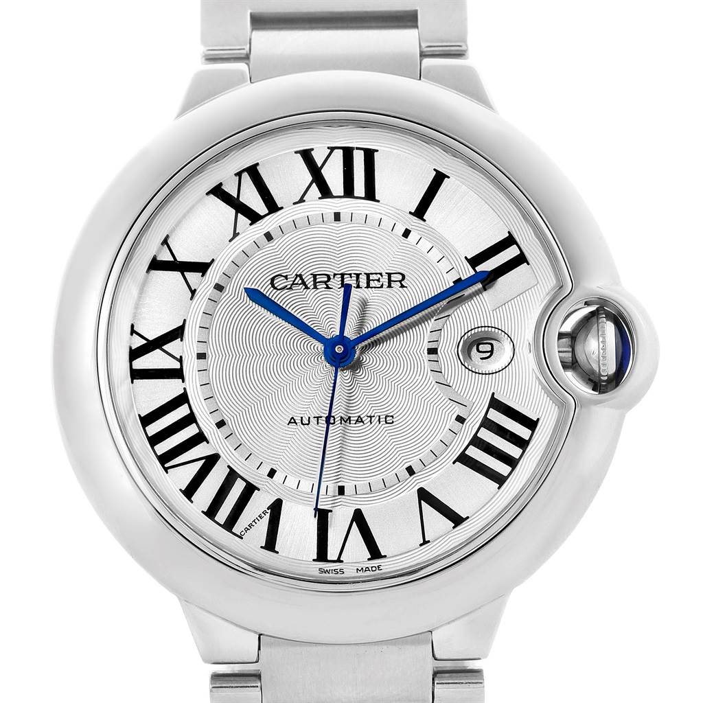 The image shows a front view of the Cartier Ballon Bleu W69012Z4 Men
s Stainless Steel Silver Dial W69012Z4 Men
s Stainless Steel Silver Dial watch, displaying its face, roman numeral markers, and blue hands.