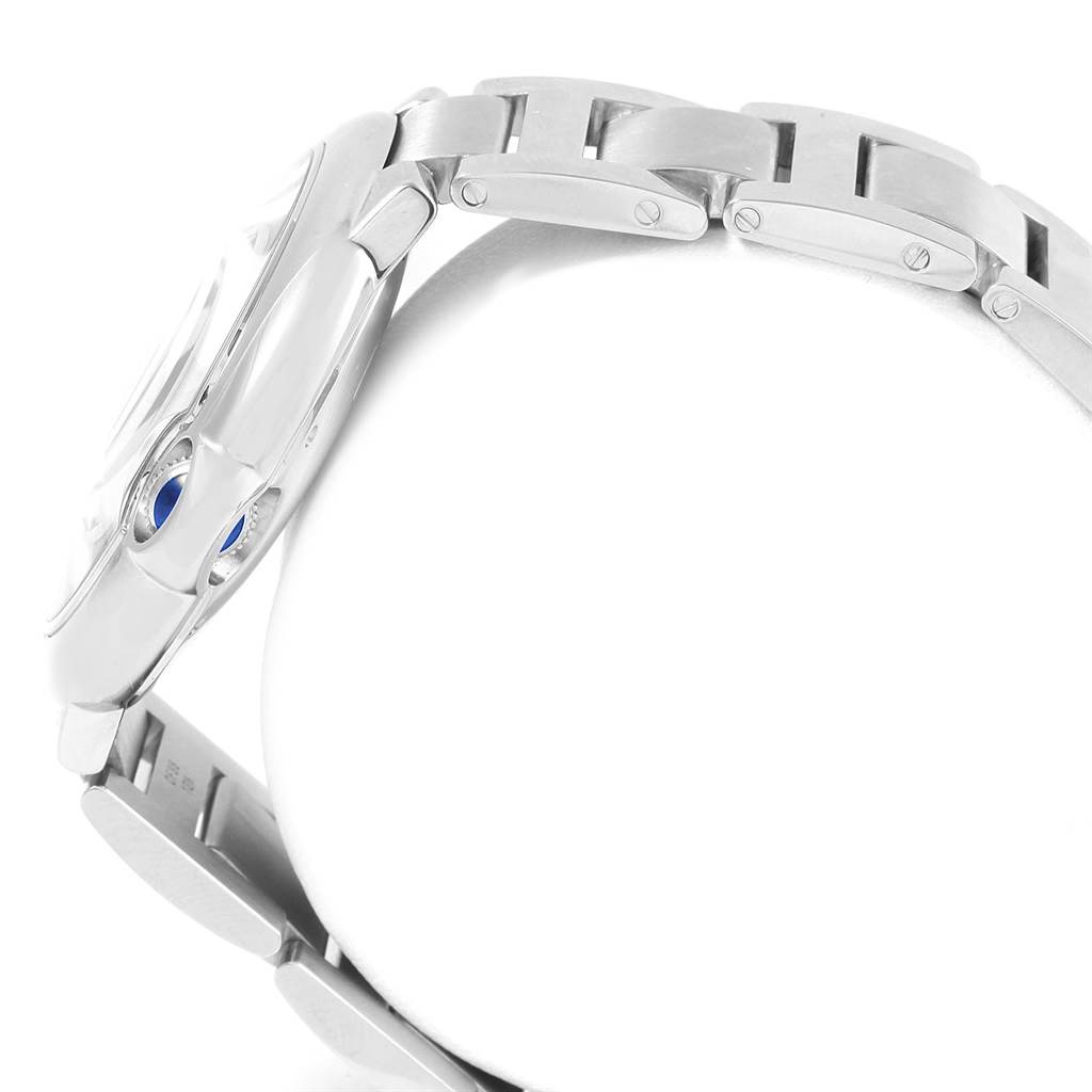 The image shows the side view of a Cartier Ballon Bleu W69012Z4 Men
s Stainless Steel Silver Dial W69012Z4 Men
s Stainless Steel Silver Dial watch, highlighting its bracelet and crown.