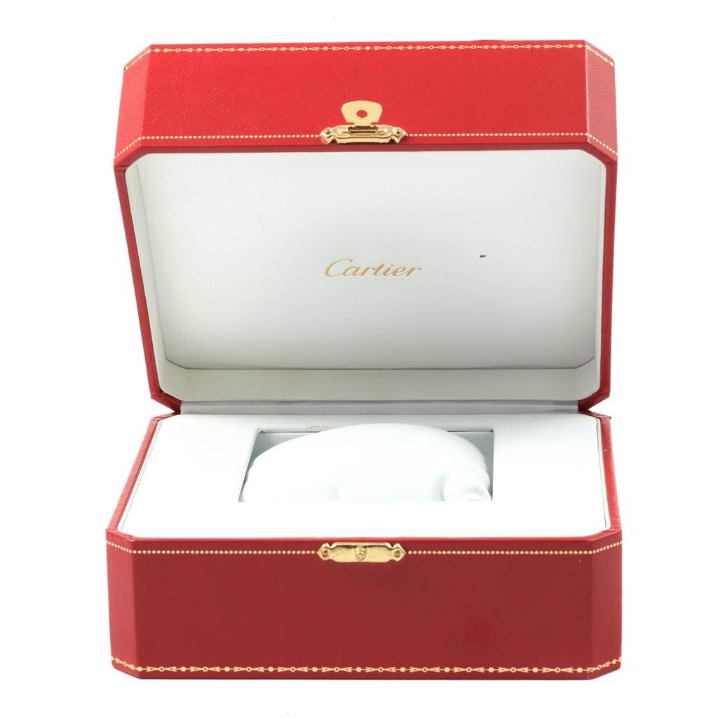 The image shows an open Cartier Ballon Bleu W69012Z4 Men
s Stainless Steel Silver Dial W69012Z4 Men
s Stainless Steel Silver Dial watch case, with the watch not visible.