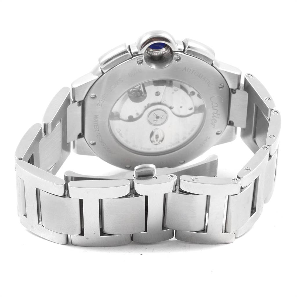 This image shows the back and bracelet of a Cartier Ballon Bleu W6920002 Men
s Stainless Steel Silver Dial W6920002 Men
s Stainless Steel Silver Dial watch at an angled rear view.