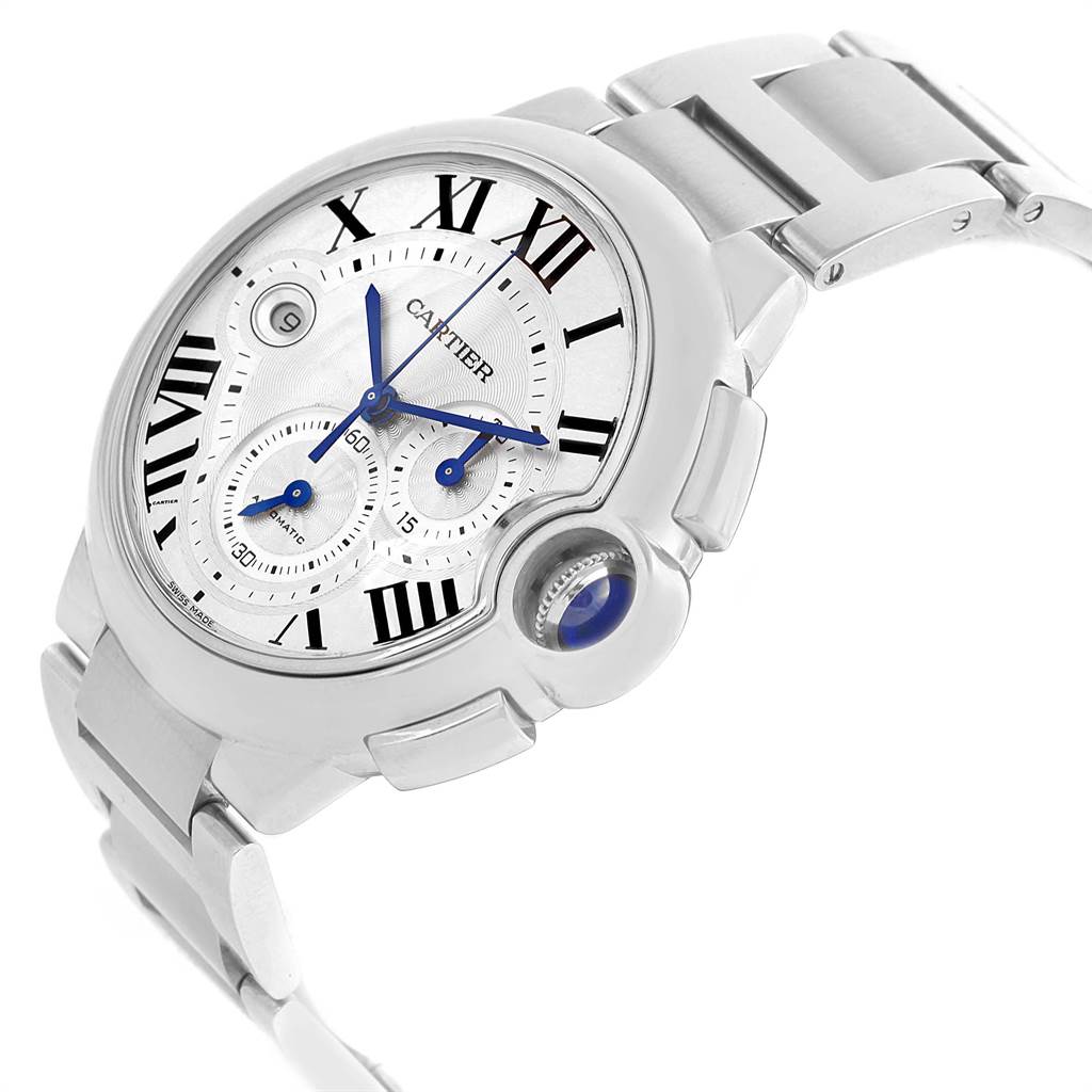 This image shows a side and top angle of the Cartier Ballon Bleu W6920002 Men
s Stainless Steel Silver Dial W6920002 Men
s Stainless Steel Silver Dial watch, highlighting the dial, hands, bracelet, and crown.