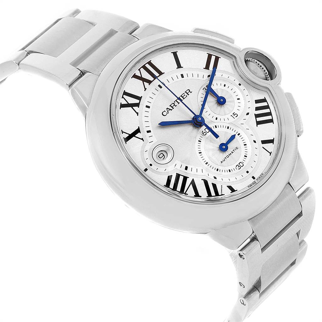 The image shows the front and part of the side of a Cartier Ballon Bleu W6920002 Men
s Stainless Steel Silver Dial W6920002 Men
s Stainless Steel Silver Dial watch, highlighting the dial, crown, and bracelet.