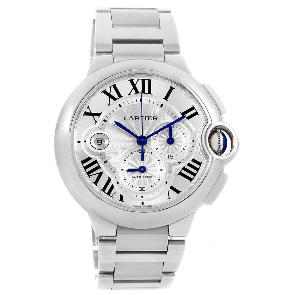 The image shows a Cartier Ballon Bleu W6920002 Men
s Stainless Steel Silver Dial W6920002 Men
s Stainless Steel Silver Dial watch from a front angle, displaying its dial, Roman numerals, and metal bracelet.