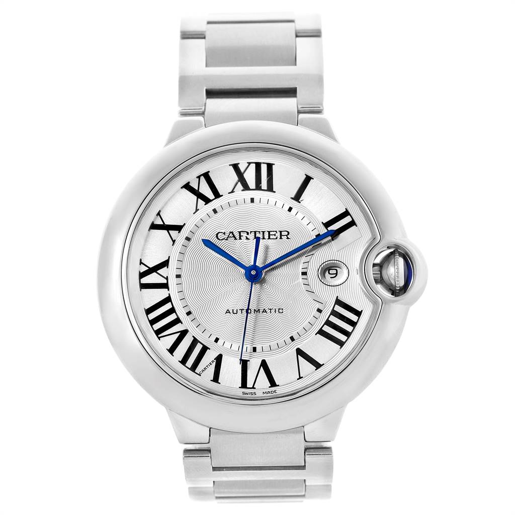 The image shows a frontal view of the Cartier Ballon Bleu W69012Z4 Men's Stainless Steel Silver Dial W69012Z4 Men's Stainless Steel Silver Dial watch, displaying its face, Roman numerals, and a portion of the bracelet.
